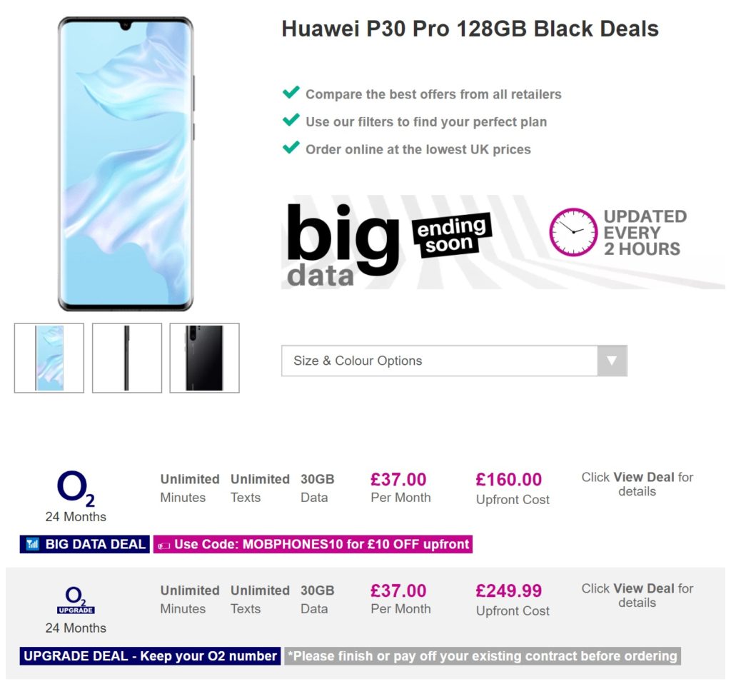 Save on the Hauwei P30 Pro by ordering an O2 deal for new customers rather than an O2 Upgrade deal for existing customers.