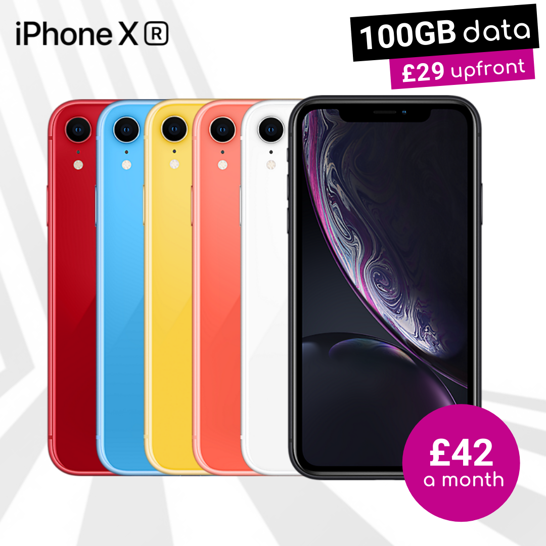 100GB data deals for iPhone XR Black, Yellow, Coral, Red, Blue and White