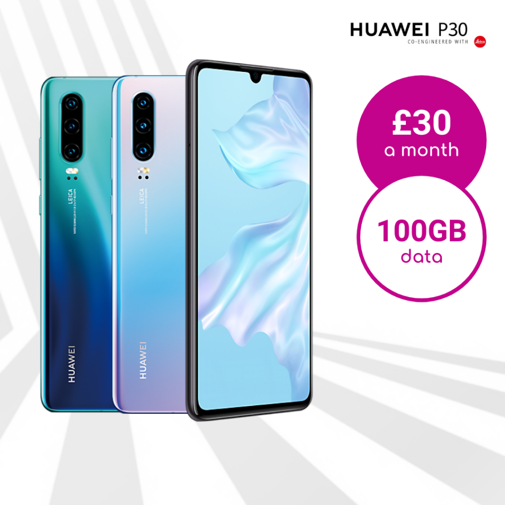 Huawei P30 Black, Crystal & Blue with 100GB data deals
