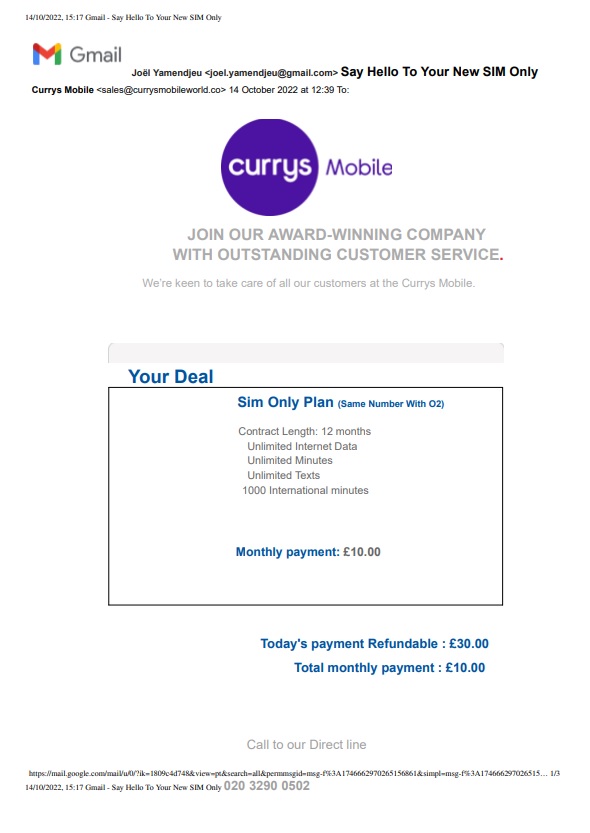 Currys scam email after cold call
