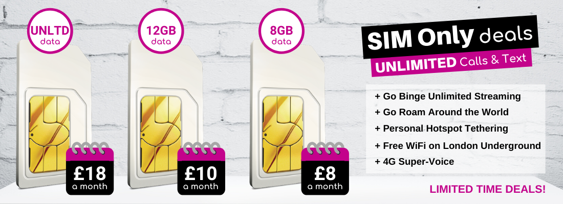 Pick up 8GB data at just £8 a month, 12GB data at just £10 a month and Unlimited data at only £18 a month, all with unlimited calls & text.