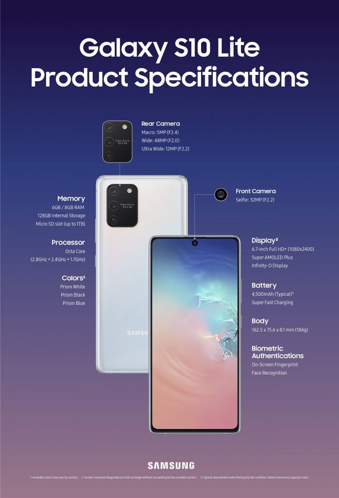 Samsung Galaxy S10 Lite screen size and resolution, dimensions, cameras front and back, battery and memory.