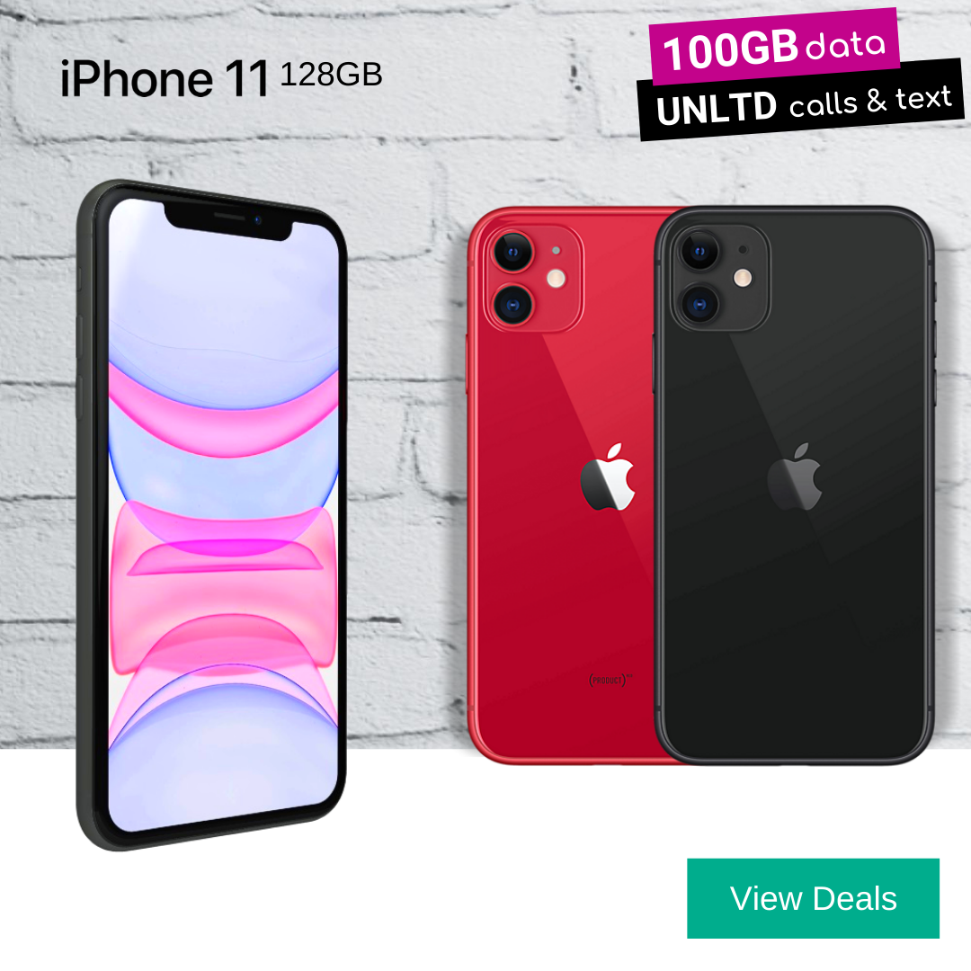 Best deals with 100GB data, unlimited calls and text for the iPhone 11 128GB in black and product red colours