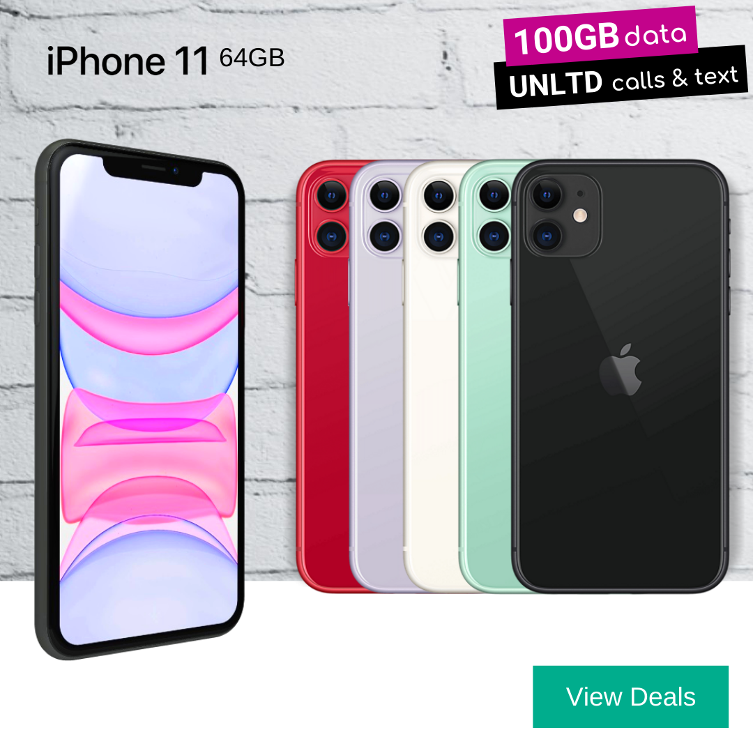 iPhone 11 64GB black, red, green, white and purple with 100GB monthly data