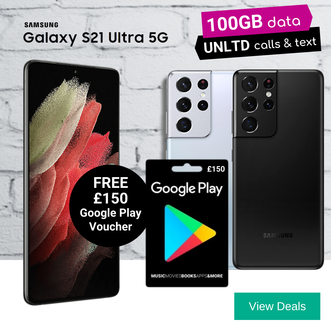 Enjoy 100GB of monthly 5G data and a Free £150 Google Play Voucher with Samsung S21 Ultra deals at just £51 a month.