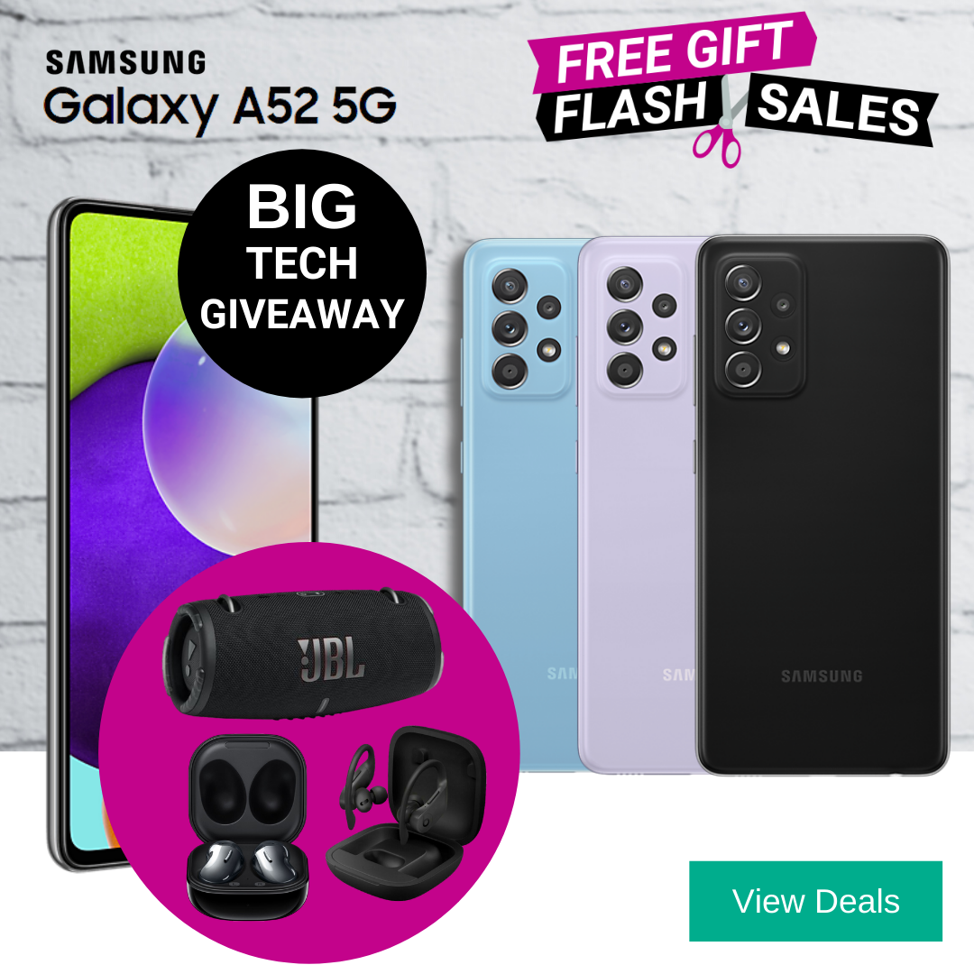 Samsung A52 5G Unlimited Data Deals with Free Gifts - Free Galaxy Buds Live, Powerbeats Pro or JBL Extreme 3 Waterproof Bluetooth Speaker