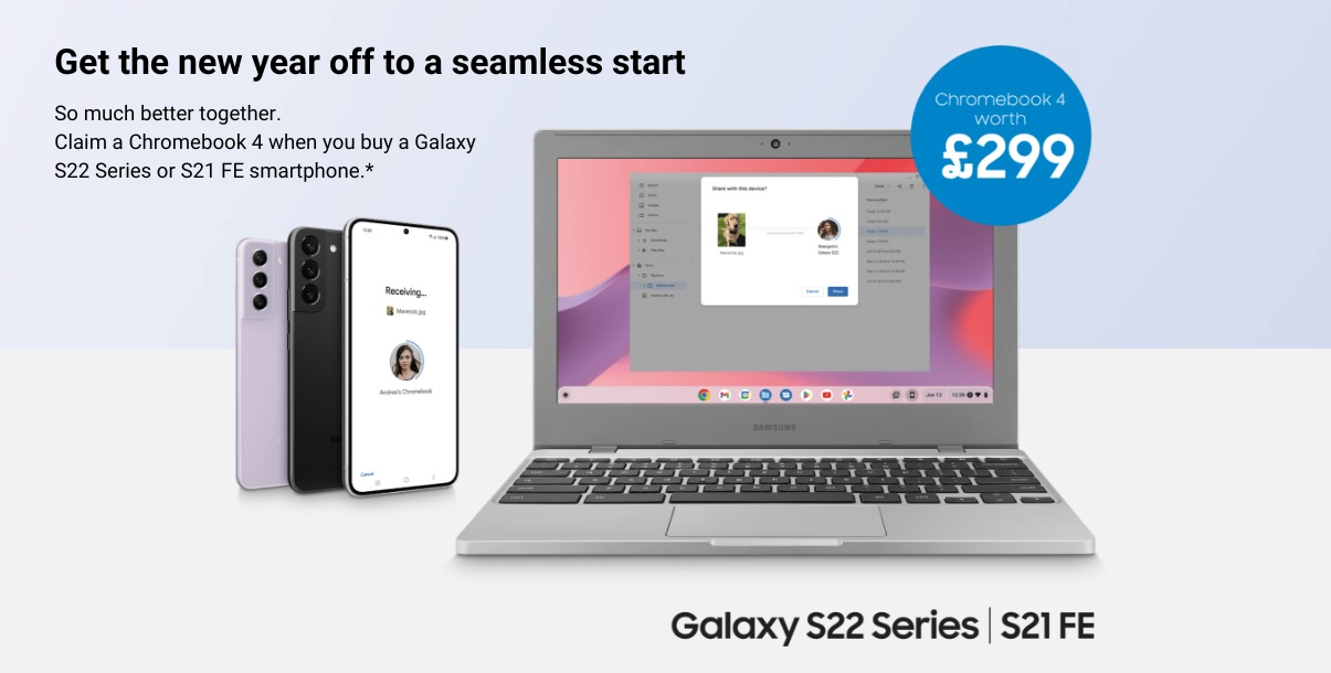 Free Galaxy Chromebook 4 with Samsung S21 FE, S22, S22+ and S22 Ultra Deals