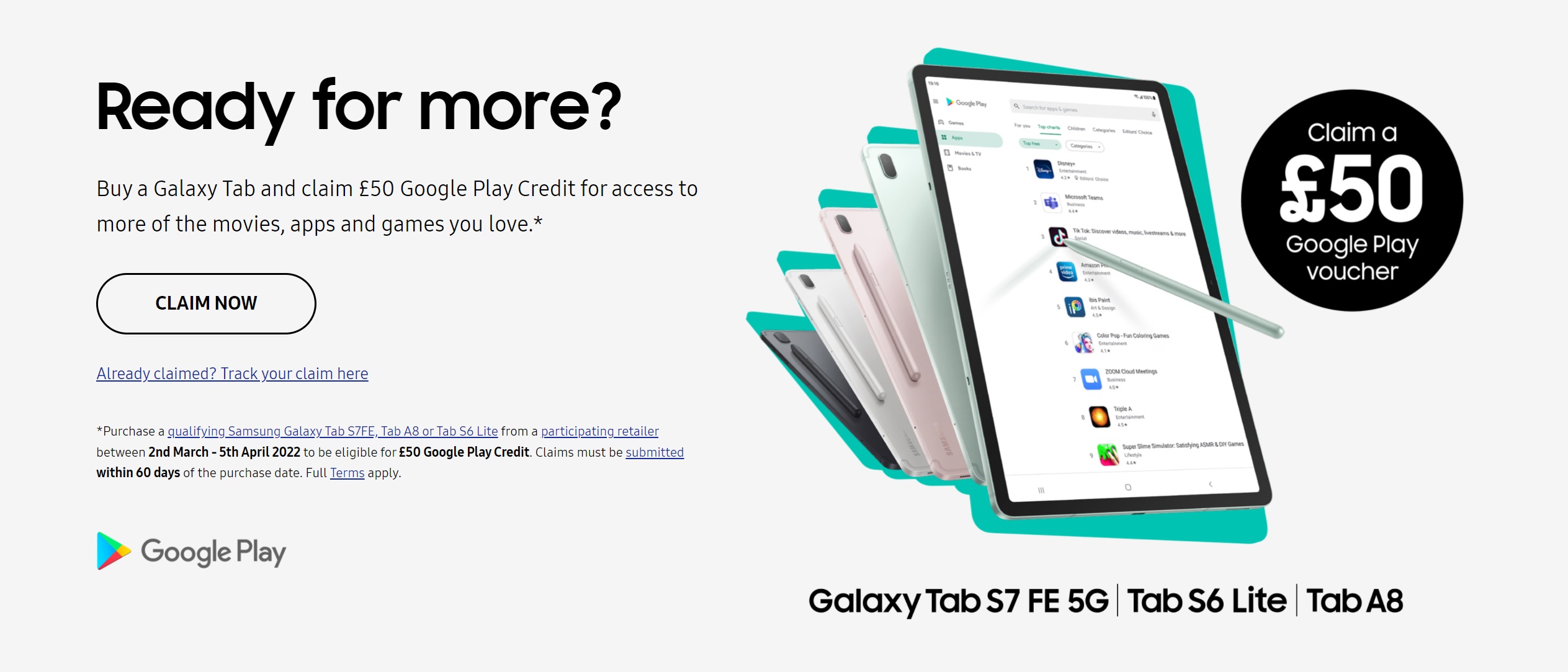 Free £50 Voucher for Google Play Store with Samsung Galaxy Tab S7 FE 5G Deals