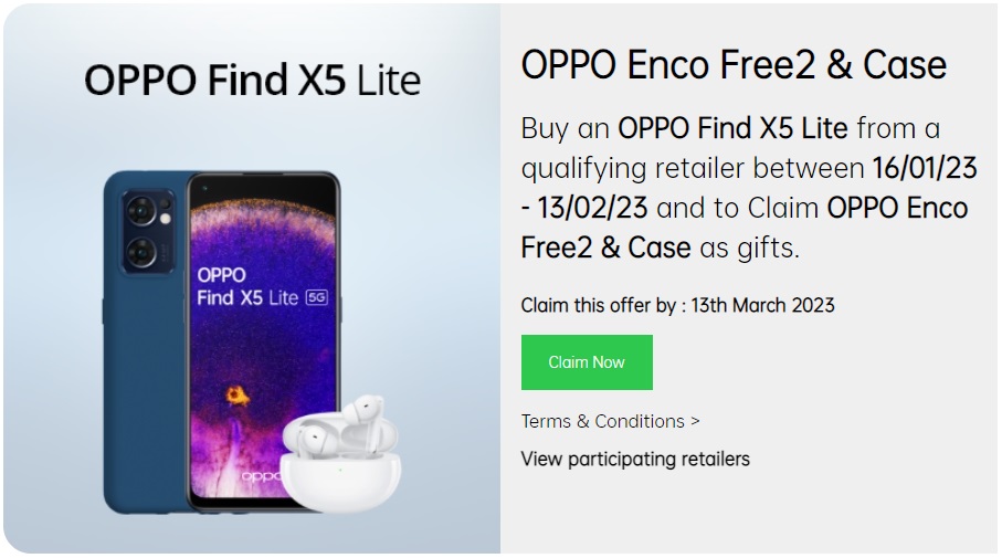 Free OPPO Enco Free2 Earphones & Case with OPPO Find X5 Lite Deals