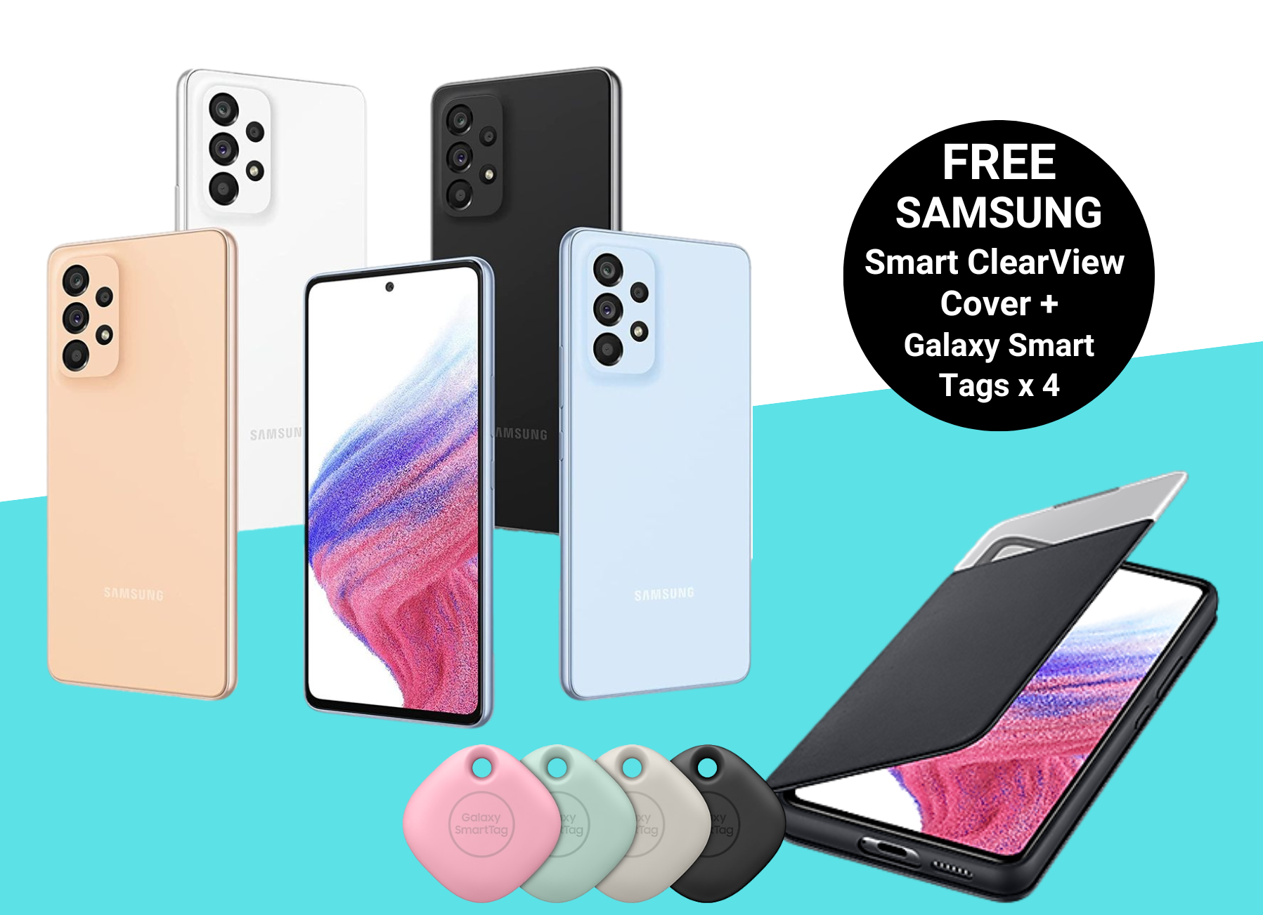 Free Samsung Smart ClearView case and 4 x Galaxy Smart Tags with Samsung A33 deals