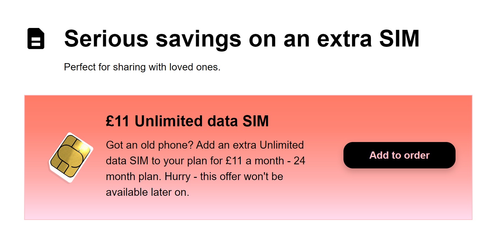 Order a second SIM Only deal with unlimited data, calls and texts for half price