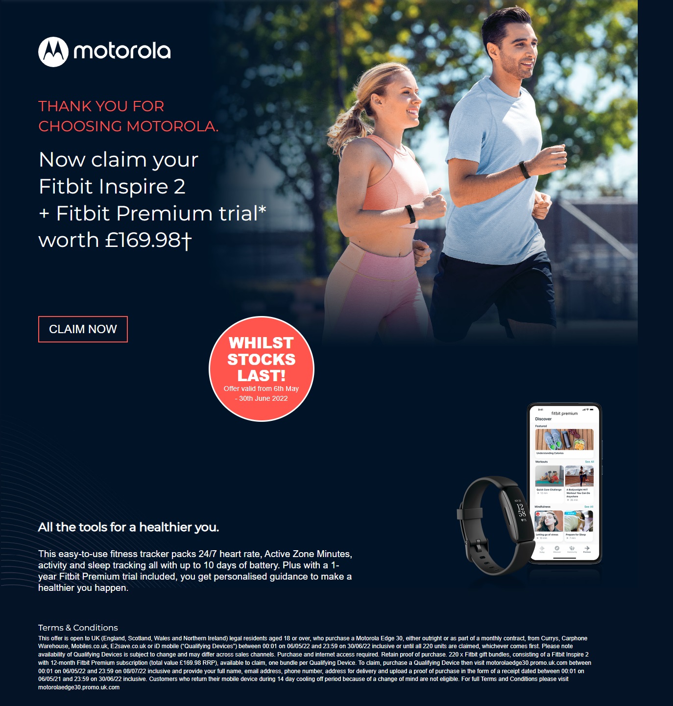 Free Fitbit Inspire 2 and 12 months free Fitbit Premium with Motorola Edge 30 deals