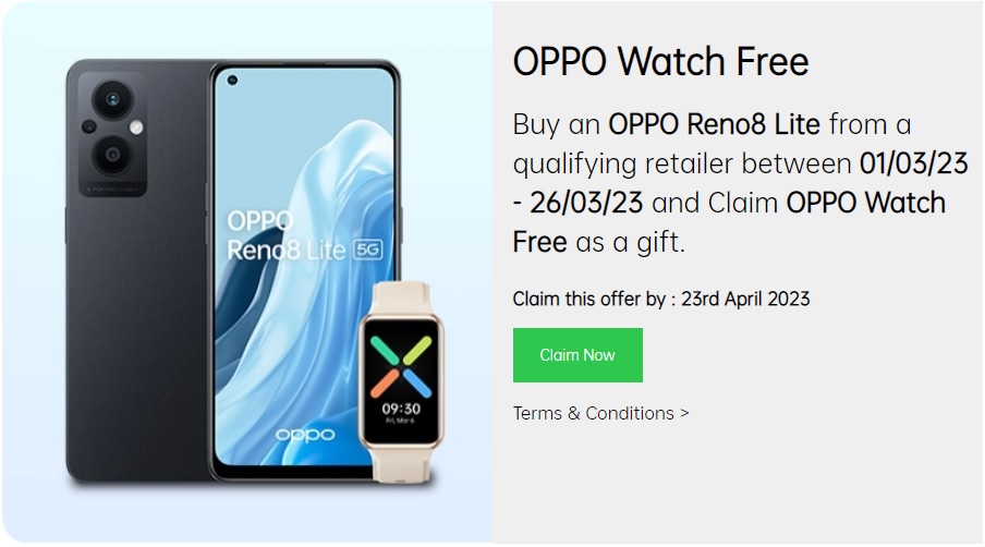 Free OPPO Watch Free with OPPO Reno8 Lite 5G Deals