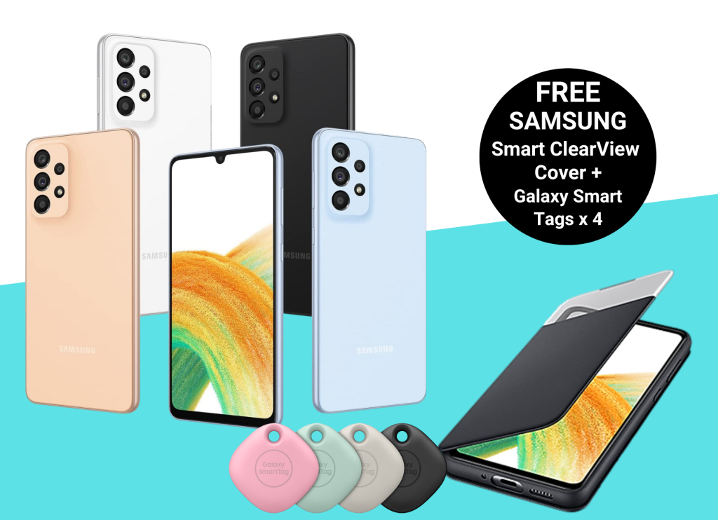 Free Samsung Smart ClearView Cover Case and 4 x Galaxy Smart Tags with Samsung A33 5G Deals