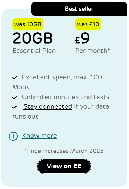 Cheapest EE SIM Only Plan with 20GB Data at Only £9 a month