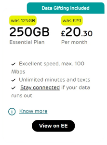12 Months 250GB Data EE SIM Only Deal Essential Plan
