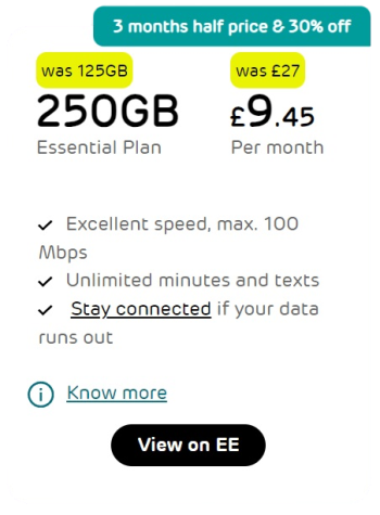 EE SIM Only Offer with 250GB Data and 3 Months Half Price