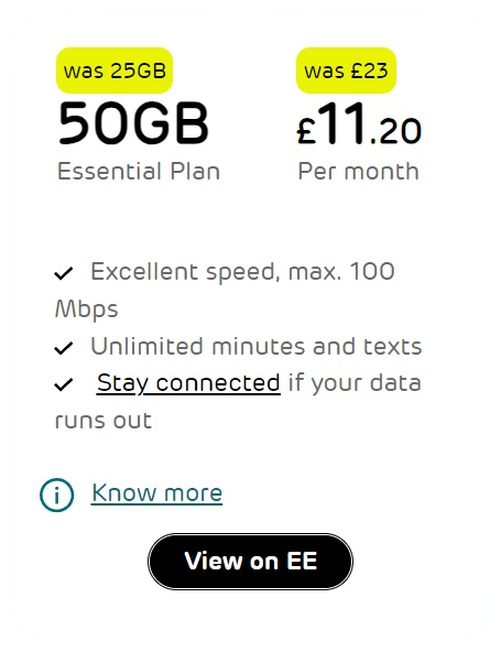 EE SIM Only 50GB Data at £11.20 a month