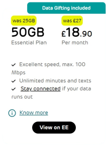12 Months EE SIM Only Essential Plan 50GB at £18.90