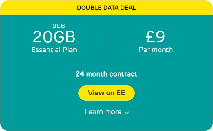 SIM Only EE Deal with 20GB Data for just £9 a month