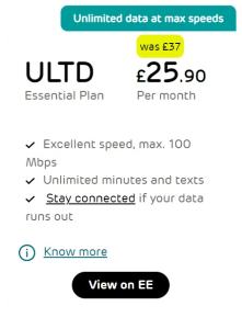 Unlimited Data EE SIM Only card 12 Months Plan at £25.90