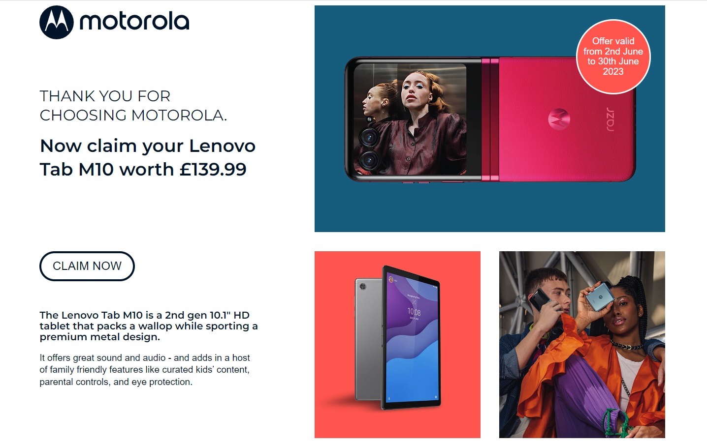 Free Lenovo Tab M10 2nd Gen HD Tablet with Motorola RAZR 40 Ultra Deals