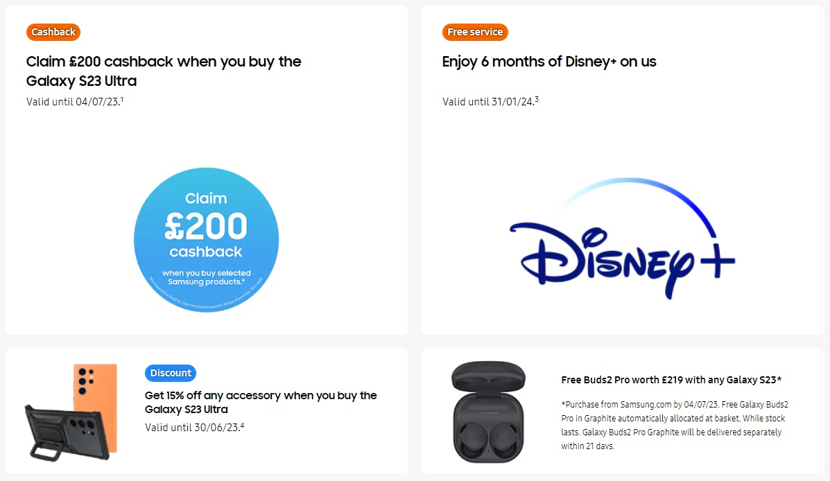 Samsung S23 Ultra SIM Free with Free Gifts - Free Galaxy Buds2 Pro, £200 Cashback and 6 Months Free Disney+