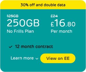 250GB Double Data EE SIM Card Deal at £16.80 a month for 12 months