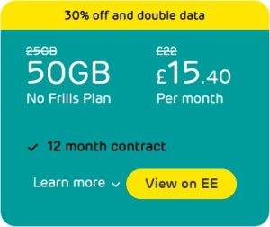 SIM Only EE 12 Months Deal for 50GB Data at £15.40