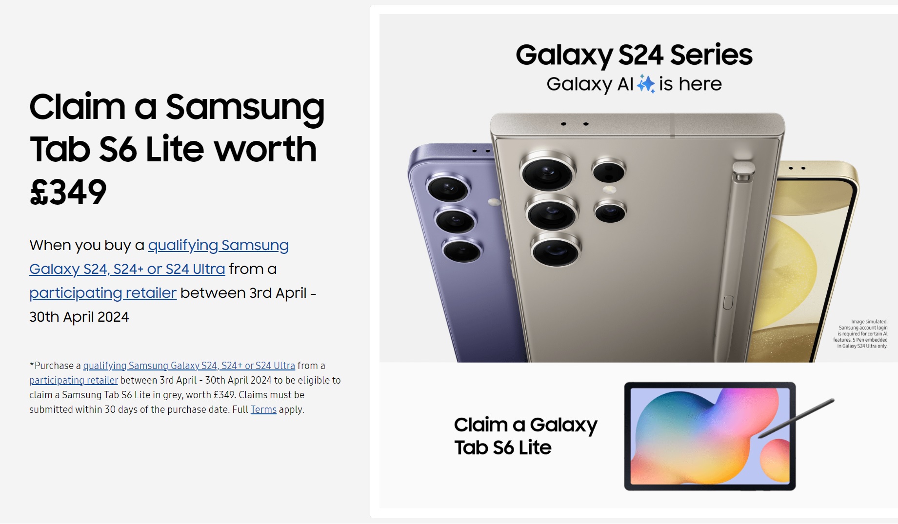 Claim a free Galaxy Tab S6 Lite with Samsung Galaxy S24+ deals